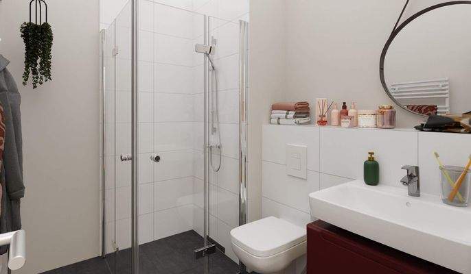 Modern gefliestes Bad mit bodengleicher Dusche