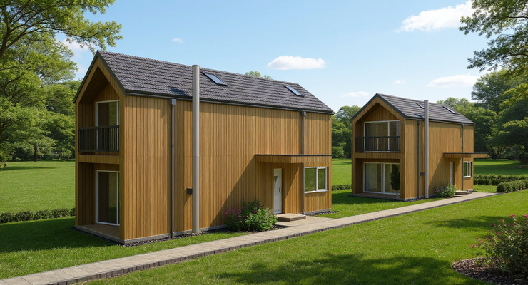 Zugangsansicht mit Holzfassade