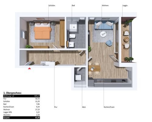 Grundrissvisualisierung 1.OG Wohnung 1.4