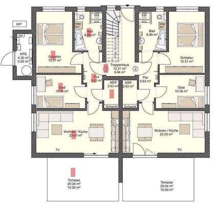 Grundriss Whg.1, EGre rot markiert 