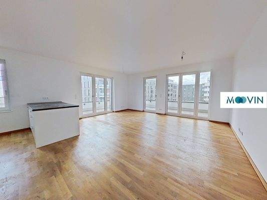 Ansicht II: Wohn- und Esszimmer mit offenem Küchenbereich