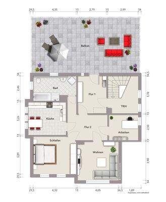 Grundriss Dachgeschoss (nicht maßstabsgerecht, Möblierungsbeispiel)