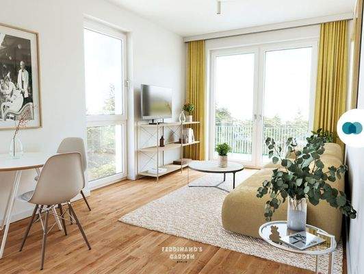 Ansicht I: Wohn- und Esszimmer mit offenem Küchenbereich