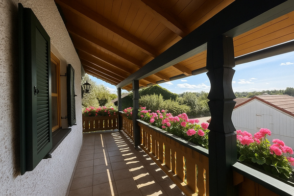 Balkon mit blühenden Geranien und Sonne.png