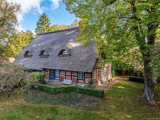 Bauernhaus in voller Pracht vom Garten aus gesehen