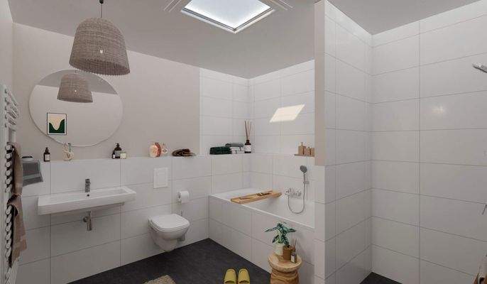 Modernes Badezimmer mit bodengleicher Dusche und B