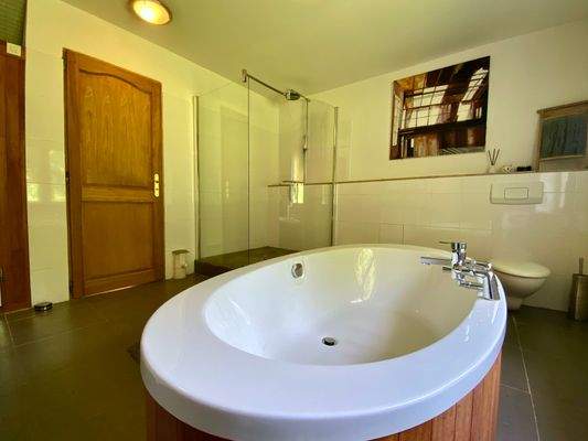 Badezimmer im Dachgeschoss mit freistehender Badewanne