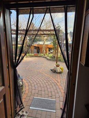 Blick über Terrasse in Garten