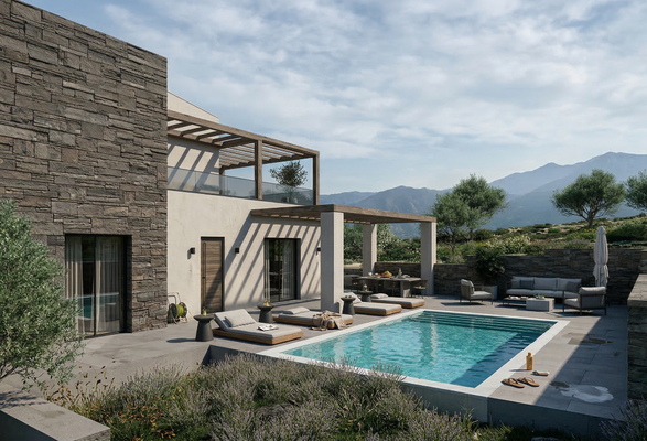 Kreta, Exantis: Neubau! Zwei luxuriöse Steinvillen mit privaten Pools zum Verkauf