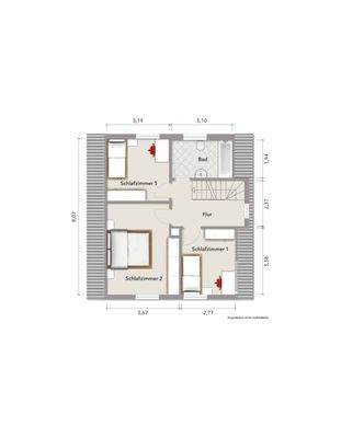 Grundriss Dachgeschoss (nicht maßstabsgerecht, Möblierungsbeispiel)