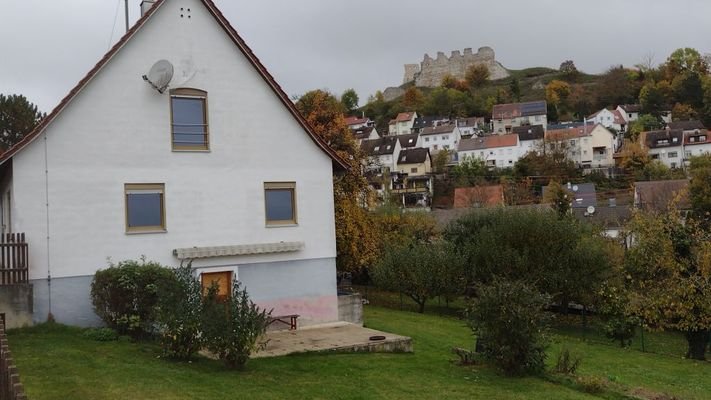 Blick zu Terrasse und Garten