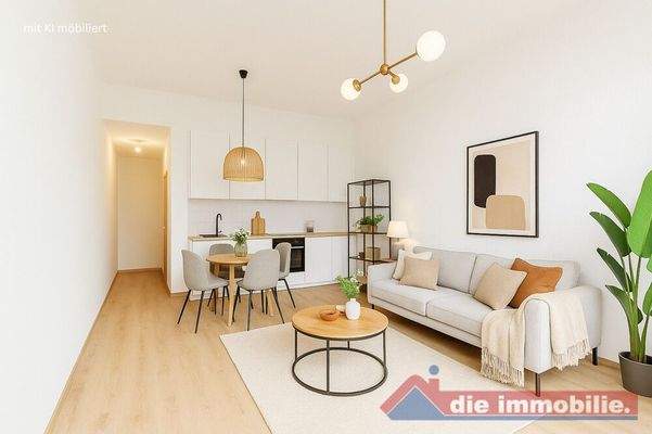 Wohnzimmer mit KI möbiliert