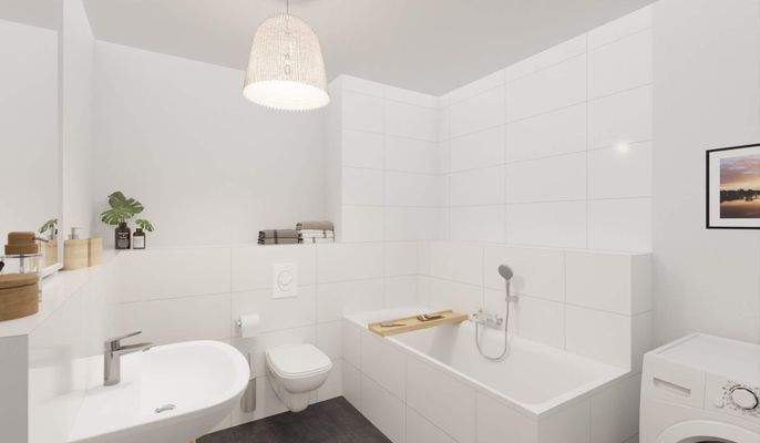 Modern gefliestes Badezimmer mit Badewanne