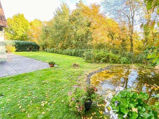 wunderschöner Garten mit Teich Herbstimpression