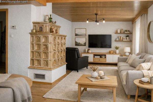 Wohnbereich mit Kachelofen - digitales Homestaging - Möblierung dient der Illustration