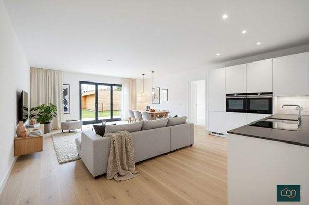 Wohnraum mit offener Küche, animiert mit KI