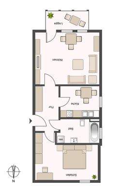 Grundriss einer 2-Zimmer-Wohnung mit ca. 62 m² im 1. Obergeschoss mit Flur, Schlafzimmer, Badezimmer, Küche, Wohnzimmer und Balkon