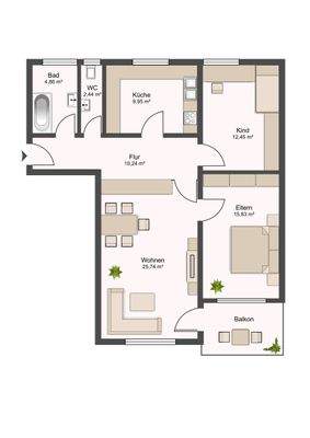Grundriss Hochparterre Südbalkon