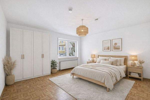 Schlafzimmer mit Möblierungsvorschlag (mit KI erstellt)