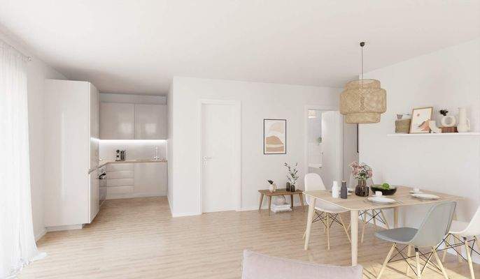 Die offene Wohnküche lädt zu gemeinsamen Mahlzeite