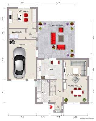 Grundriss Erdgeschoss (nicht maßstabsgerecht, Möblierungsbeispiel)