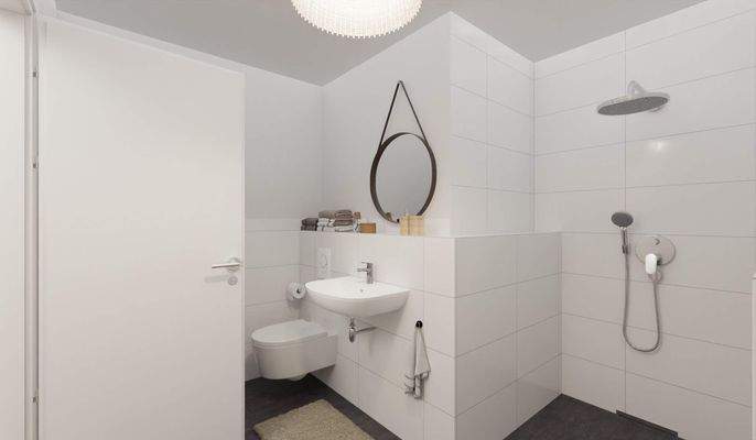 Modern gefliestes Badezimmer mit bodengleicher Dus