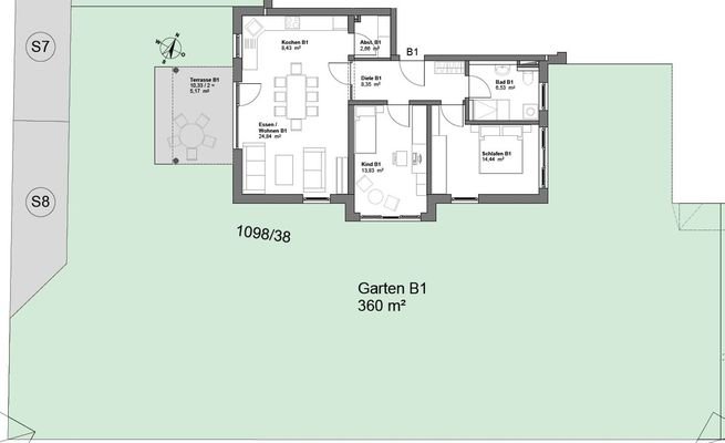 Grundriss Wohnung Nr. 1B (nicht maßstabsgetreu - kann vom Original abweichen