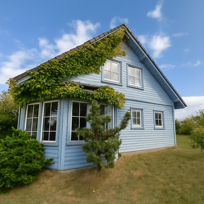 Blaue Holzhütte mit Efeu und Aussicht.png
