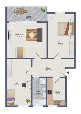 Grundriss 3-Zimmer-Wohnung innen
