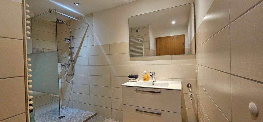 modernisiertes Bad mit flacher Dusche