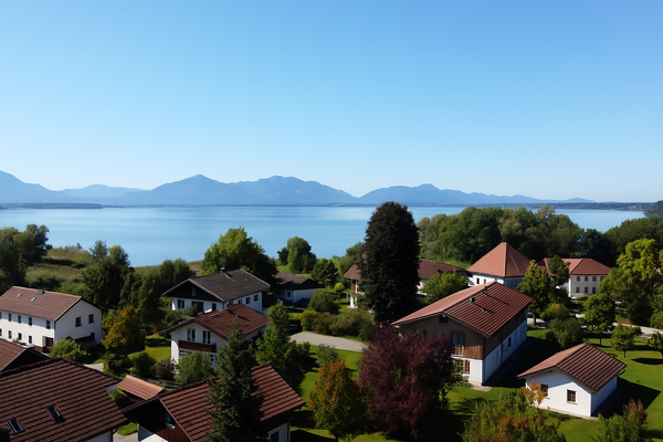 Landidylle am See und Berg (Musterbild)Hinweis: Zur Wahrung der Privatsphäre wurden die Originalbilder KI-basiert verfremdet. Die gezeigten Vergleichsmusterbilder dienen ausschließlich der optischen Orientierung