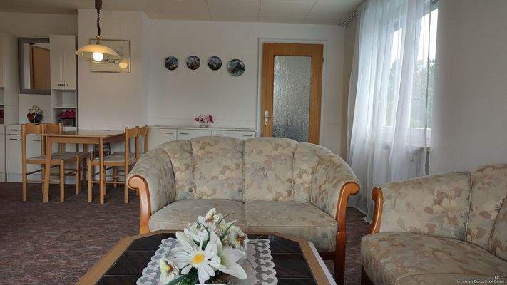 Das gemütliche Wohnzimmer mit dem offenen Essbereich