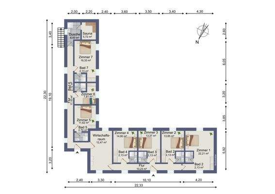 Grundriss Südgebäude mit 7 Zimmern