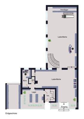 Ladenfläche, Schaufenster, Handlager und Büro
