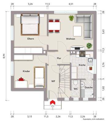 Grundriss Erdgeschoss (nicht maßstabsgerecht, Möblierungsbeispiel)
