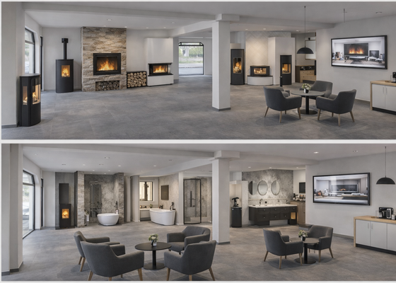 KI generiertes Bild einer möglichen Einrichtung & Nutzung.
Hier als Ausstellung für Kamine & Öfen oder Badezimmer