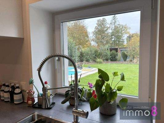 Blick beim Kochen in den Garten