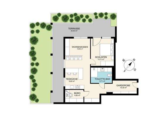 2 Zi, Terrasse, Garten