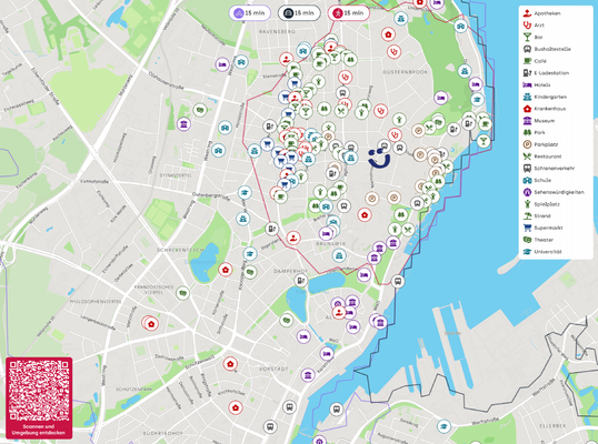 Lageplan mit QR-Code für Umgebungsinformationen  Kiel - Niemannsweg - Lütt Immobilien