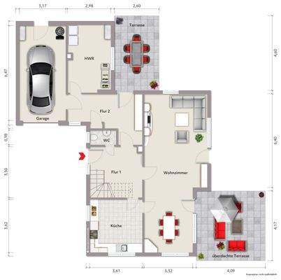 Grundriss Erdgeschoss (nicht maßstabsgerecht, Möblierungsbeispiel)