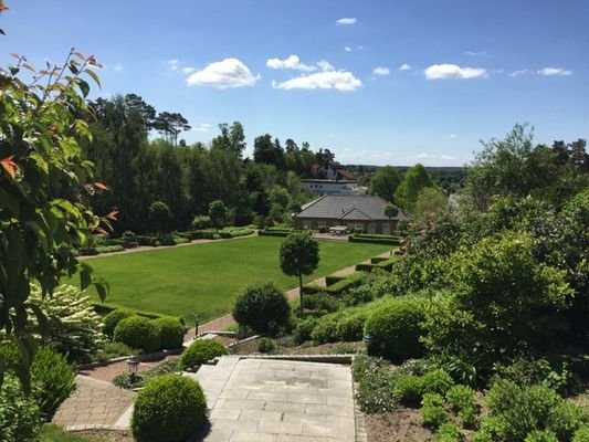 Blick in den Garten und auf das Schwimmbad