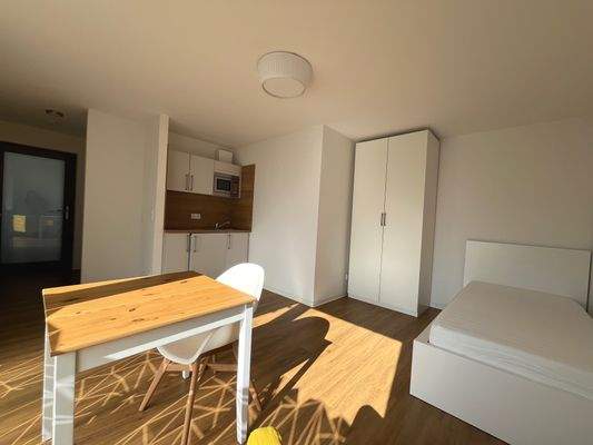 Wohnbereich, Möblierung, Küchenzeile mit Kochfeld, Mikrowelle, Kühlschrank mit Gefrierfach