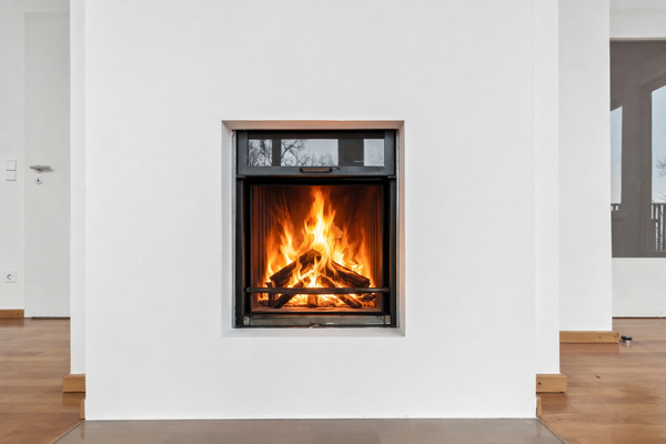 Gemütlicher Kamin im Panorama-Wohnzimmer mit eingebauten Regalen für Brennholz