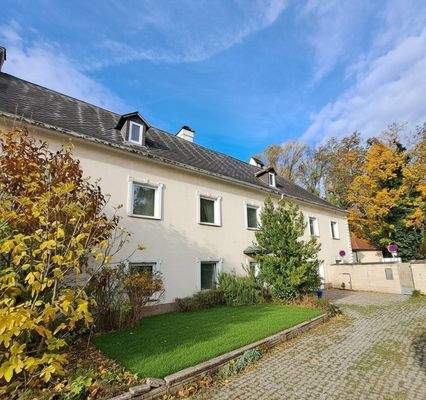 Gebäude mit Vorplatz und Garten (grüne Wiese von KI)