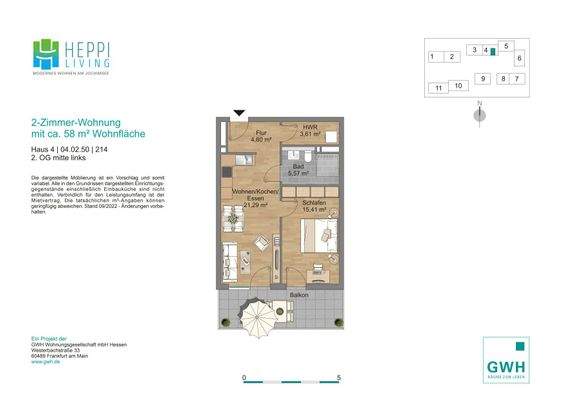 Grundriss mit Flur (4,60 m²), Bad (5,57 m²), Koch-Ess-Wohnbereich (21,29 m²), Schlafzimmer (15,41 m²), Hauswirtschaftsraum (3,61 m²) und Balkon