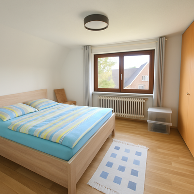 Wohnliches Schlafzimmer mit Blick ins Grüne