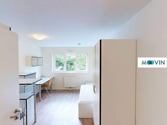 Ansicht III: Wohn- und Schlafzimmer mit offenem Küchenbereich