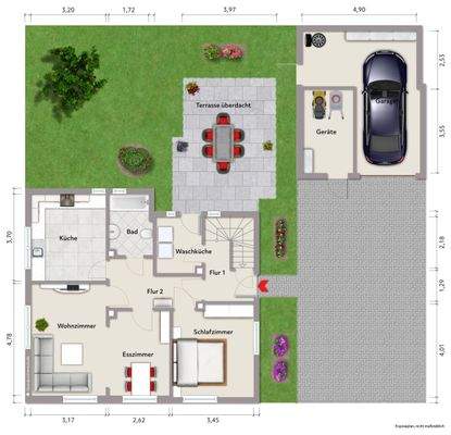 Grundriss Erdgeschoss (nicht maßstabsgerecht, Möblierungsbeispiel)