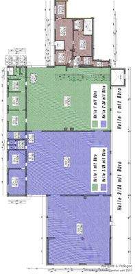 Halle 1 = GRÜN + Büro = ROT / Grundriss gesamt OPTIONAL
