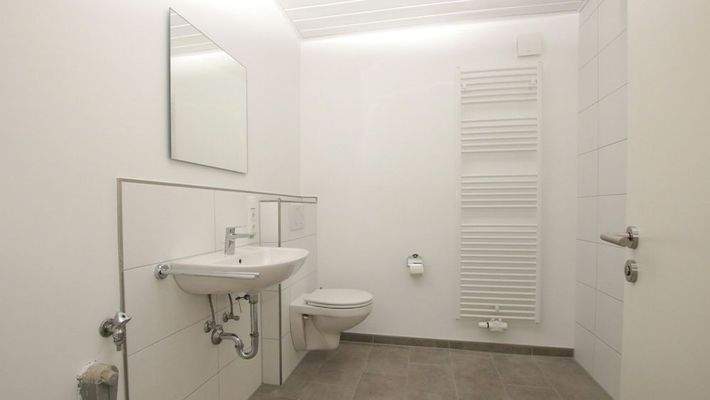 modernes Duschbad (ebenerdige Dusche hinter der Tür)